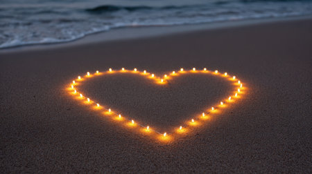 A beautifully arranged heart shape made from glowing candles sits on soft beach sand, illuminated by the warm colors of a tranquil sunset over the gentle ocean waves.の素材