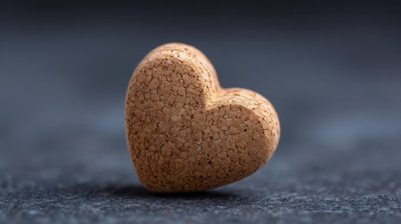 This image features a heart-shaped cork object set against a dark background, ideal for use in creative projects or design concepts emphasizing love and uniqueness.の素材