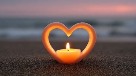 A captivating heart-shaped candle lit on sandy beach captures the essence of romance, with gentle waves and a serene sunset in the background.の素材