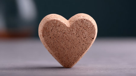 A heart-shaped decorative piece rests on a gray surface, illuminated by soft natural light, showcasing a smooth texture and a warm, rustic aesthetic.の素材