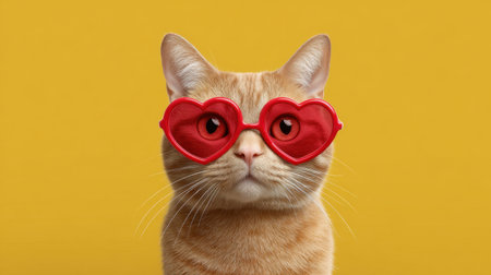 This charming orange cat poses playfully in heart-shaped glasses against a bright yellow background, embodying a fun and joyful spirit perfect for cat lovers.の素材