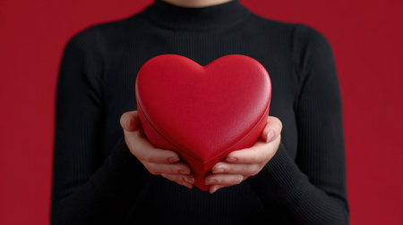 A close-up image of a woman in a black sweater gracefully holding a vibrant red heart-shaped gift box against a rich red backdrop, symbolizing love.の素材