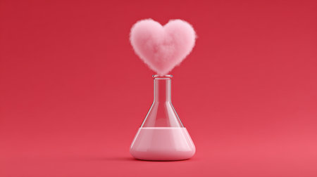 A whimsical pink flask emits fluffy heart-shaped vapor against a vibrant red backdrop, ideal for unique design and romantic themes. Perfect for creative projects.の素材