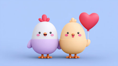 Two adorable cartoon birds stand side by side, one holding a heart-shaped balloon, creating a cheerful atmosphere against a light blue backdrop.の素材