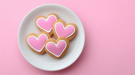 A charming display of heart-shaped cookies with delightful pink icing on a clean white plate. Perfect for celebrations or romantic occasions.の素材