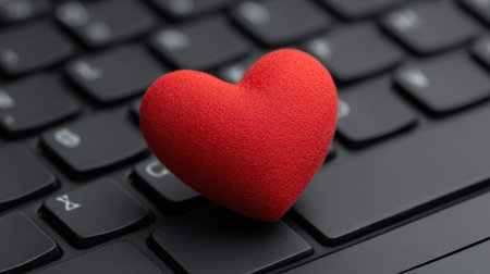 A vibrant red heart sits on a sleek black keyboard, beautifully portraying the blend of love and technology in today's communication landscape.の素材