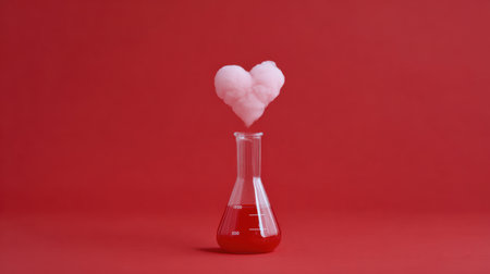 A whimsical image featuring a heart-shaped cloud rising above a laboratory flask containing vibrant red liquid, set against a bold red background.の素材
