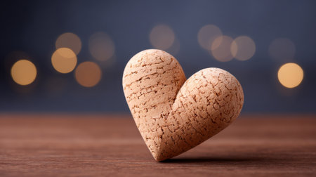 A beautiful cork heart rests on a wooden surface, beautifully captured against a soft bokeh background. This image embodies warmth, love, and artistic simplicity.の素材