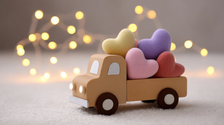 A charming wooden toy truck filled with soft, colorful heart-shaped cushions is set against a blurred fairy lights backdrop, evoking warmth and joy.の素材