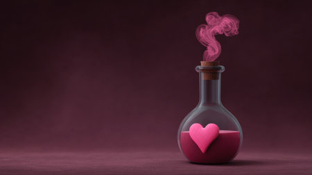 A striking image of a romantic potion in a glass flask, featuring a pink heart and wisps of steam, perfect for themes of love and creativity.の素材