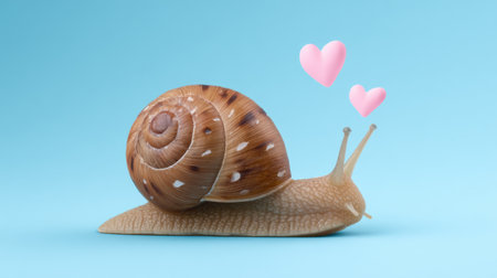 This adorable snail sits peacefully against a soft blue background, surrounded by playful heart icons, creating a whimsical representation of love and affection.の素材