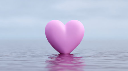 A vibrant pink heart shape gracefully floats on calm waters, creating a serene atmosphere. This minimalist image captures beauty and tranquility, perfect for conveying love and emotion.の素材