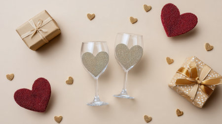 This enchanting arrangement features elegant wine glasses adorned with a heart motif, beautifully presented with decorative gifts. Perfect for romantic occasions.の素材