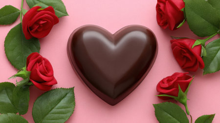 A delightful heart-shaped chocolate sits elegantly among fresh red roses on a soft pink background, perfect for romantic occasions and celebrations.の素材