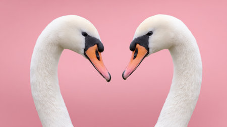This captivating image features two majestic swans forming a heart shape, set against a soft pink background. Symbolizing love and connection, the swans exhibit elegance and beauty in a serene moment. Perfect for themes of romance and nature.の素材