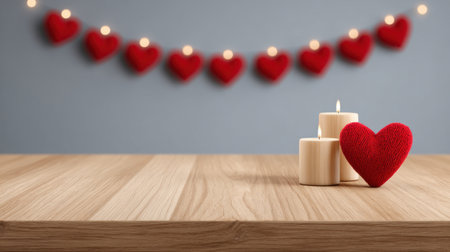 A charming scene featuring elegant candles and a soft red heart, set against a soothing background, perfect for romantic occasions or cozy gatherings.の素材