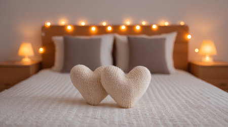 This beautiful bedroom features cozy knit heart-shaped cushions on a soft bed with warm ambient lighting, creating a romantic and inviting atmosphere.の素材