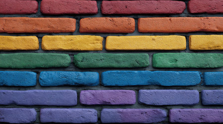 A vibrant brick wall displays a beautiful array of rainbow colors, featuring bright orange, yellow, green, blue, and purple bricks. This eye-catching image serves as an excellent background for creative projects and design work, exuding a joyous and lively atmosphere.の素材