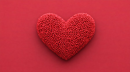 A visually striking heart shape created from tiny red candy balls, set against a smooth red background, perfect for themes of love and celebration.の素材