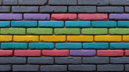 A vibrant and colorful abstract brick wall featuring horizontal stripes in blue, green, yellow, pink, and purple, perfect for modern design projects.の素材