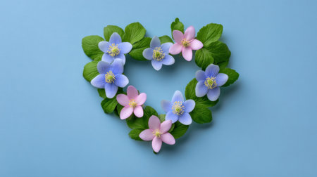 A beautiful heart-shaped arrangement featuring colorful flowers and lush green leaves set against a soft blue background, perfect for conveying romance and beauty.の素材