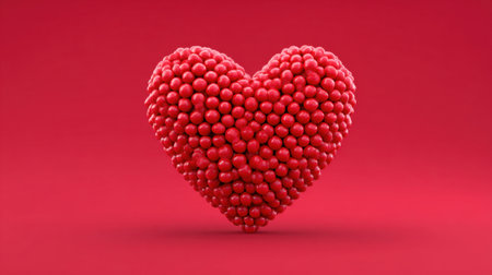 This striking red heart shape, composed of glossy balls, stands out against a bold red background, perfect for themes of love and affection.の素材