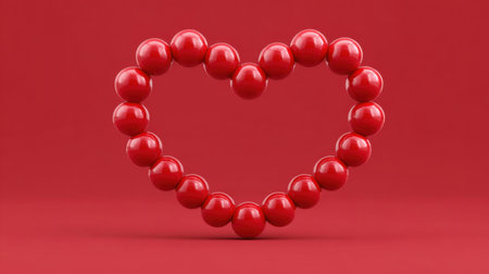 A striking red heart shape constructed from glossy balls set against a matching red background, perfect for expressing love, romance, and affection.の素材