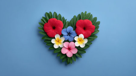 This stunning heart-shaped arrangement features vibrant flowers in shades of red, pink, blue, and yellow, surrounded by lush green leaves on a soft blue background, perfect for conveying love and beauty.の素材