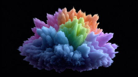 This stunning abstract image features a colorful explosion of vibrant textures radiating beautifully. The dynamic forms create an engaging visual art piece set against a deep black backdrop.の素材