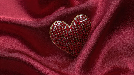 A shimmering red heart decoration rests elegantly on soft crimson fabric, capturing elegance and warmth. Perfect for romantic themes and celebrations.の素材