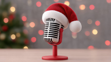 Captivating image of a vintage microphone adorned with a Santa hat, set against a blurred Christmas backdrop. Perfect for holiday-themed music projects.の素材