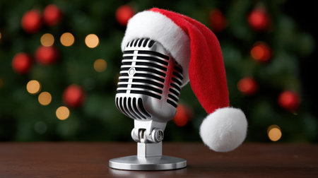 A charming vintage microphone topped with a Santa hat, set against a beautifully decorated Christmas tree, offers a festive and joyful atmosphere for holiday celebrations.の素材