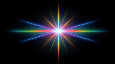 This stunning abstract image features a radiant light burst with colorful rays spreading outward against a black background, creating a dynamic and vibrant visual effect.の素材
