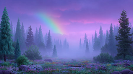 A serene forest landscape illuminated by a colorful rainbow amidst a misty background. Lush trees and vibrant flowers create a tranquil atmosphere, perfect for nature lovers.の素材
