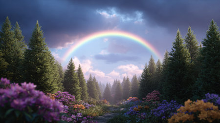 A breathtaking view of a rainbow arching over a vibrant flower field, surrounded by majestic evergreen trees in a tranquil forest setting, capturing nature's beauty.の素材