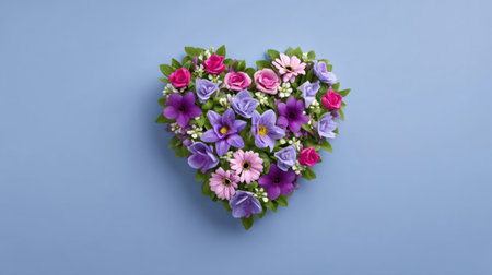 A stunning heart-shaped arrangement of colorful flowers set against a soft blue background, perfect for celebrating love, spring events, and special occasions.の素材
