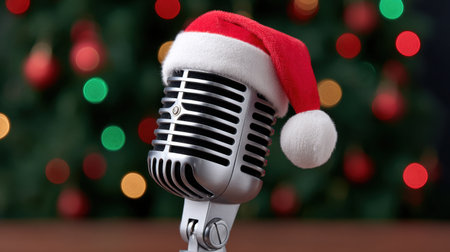 A vintage microphone wearing a cheerful Christmas hat stands out against a softly blurred background adorned with colorful holiday lights, perfect for festive celebrations.の素材