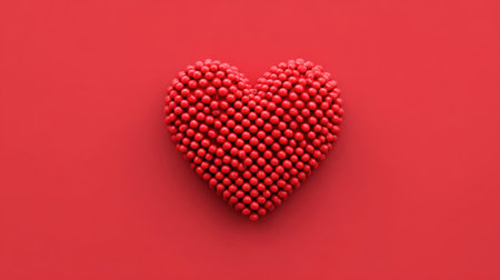 This vibrant image showcases a heart shape crafted from tiny red spheres, set against a smooth red backdrop, symbolizing love and passion.の素材