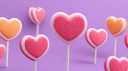 A vibrant display of heart-shaped lollipops on a purple background, perfect for showcasing sweetness, fun, and festive celebrations. Ideal for art and design.の素材