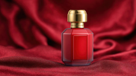 A striking red perfume bottle with a golden cap rests elegantly on soft, rich red fabric. Perfect for showcasing luxury beauty products and aromatic collections.の素材