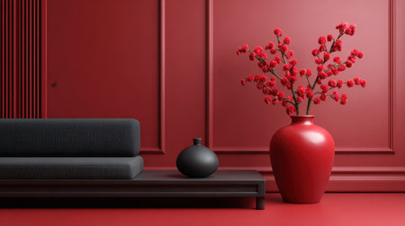 A modern home interior featuring a striking red wall, sleek black sofa, and a vibrant floral arrangement. Ideal for showcasing elegance and contemporary style.の素材