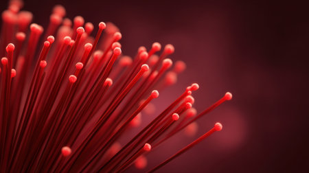 This captivating close-up features vibrant red fibers that create a striking abstract background. The soft focus and depth add a unique flair to any design.の素材