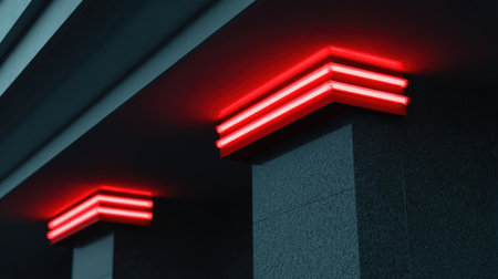 This stunning image showcases modern architecture featuring striking neon red lights, creating a bold and vibrant atmosphere in an urban environment.の素材