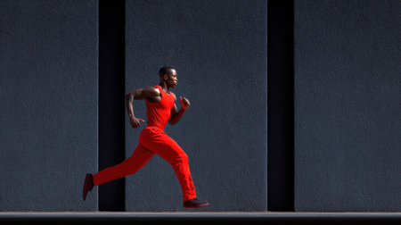 A determined athlete in a vibrant red outfit showcases his energy while running against a contrasting dark urban backdrop, highlighting dedication to fitness.の素材
