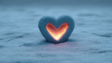 A beautiful heart shape made of snow glows warmly from within, creating a stunning contrast against a soft winter background, representing love and warmth.の素材