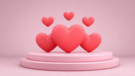 A beautiful arrangement of vivid pink hearts displayed on a minimalist platform, perfect for illustrating concepts of love, affection, and celebration.の素材