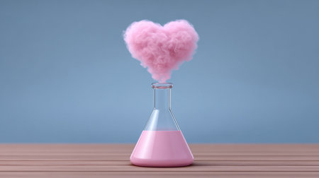 This whimsical image features a laboratory flask filled with pink liquid, topped with a heart-shaped cotton candy cloud, symbolizing love and creativity.の素材