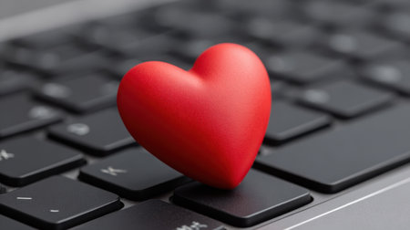 A vibrant red heart rests atop a black laptop keyboard, representing love and connection in the digital landscape. Perfect for themes of romance and technology.の素材