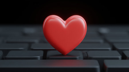 A vibrant red heart symbol rests prominently on a sleek black keyboard, illustrating the connection between love and technology in modern communication.の素材