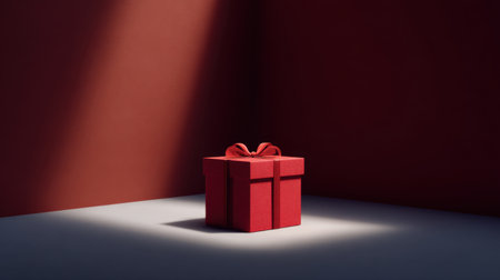 A striking red gift box adorned with a bow sits elegantly in a spotlight against a minimalistic backdrop, perfect for showcasing special occasions and celebrations.の素材